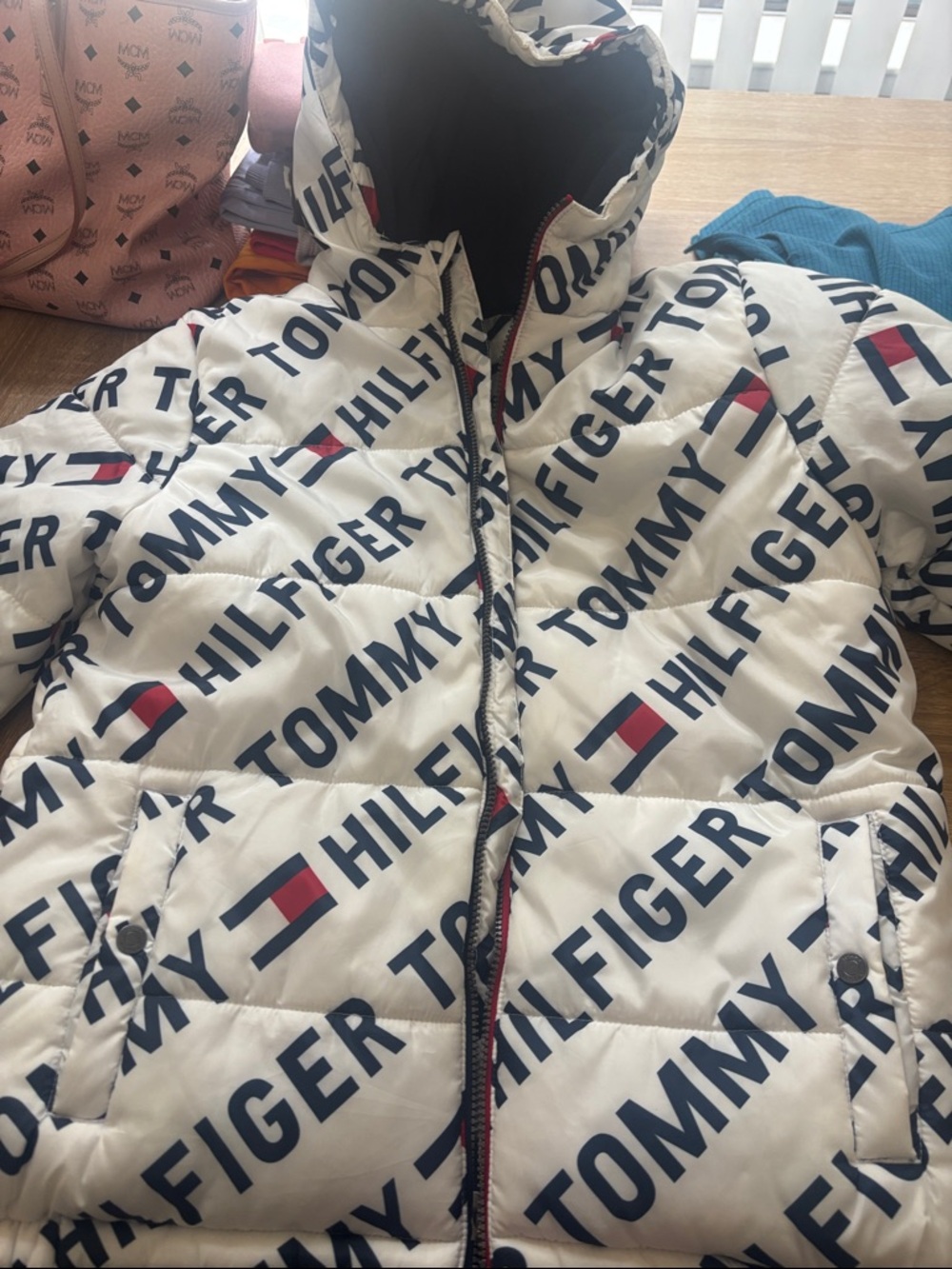 Tommy Hilfiger White Logo All-Over Print Puffer Jacket